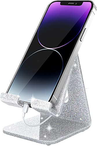 Crpich Acrylic Cell Phone Stand: A Portable and Stylish Holder for Phones and Tablets – Compatible with iPhone 15 14 13 12 Pro Max Mini 11 Xr Plus SE, Switch, and Android Smartphones – Glitter Silver. A Comprehensive Review and Buying Guide.