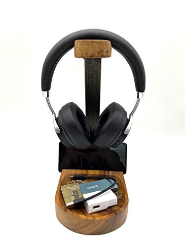 Wooden Headphone Stand: Acacia Wood Holder with Cell Phone Slot